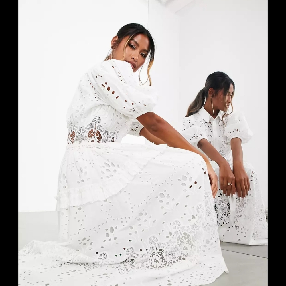 Asos Edition eyelet midi Shirt Dress with Puff sleeves